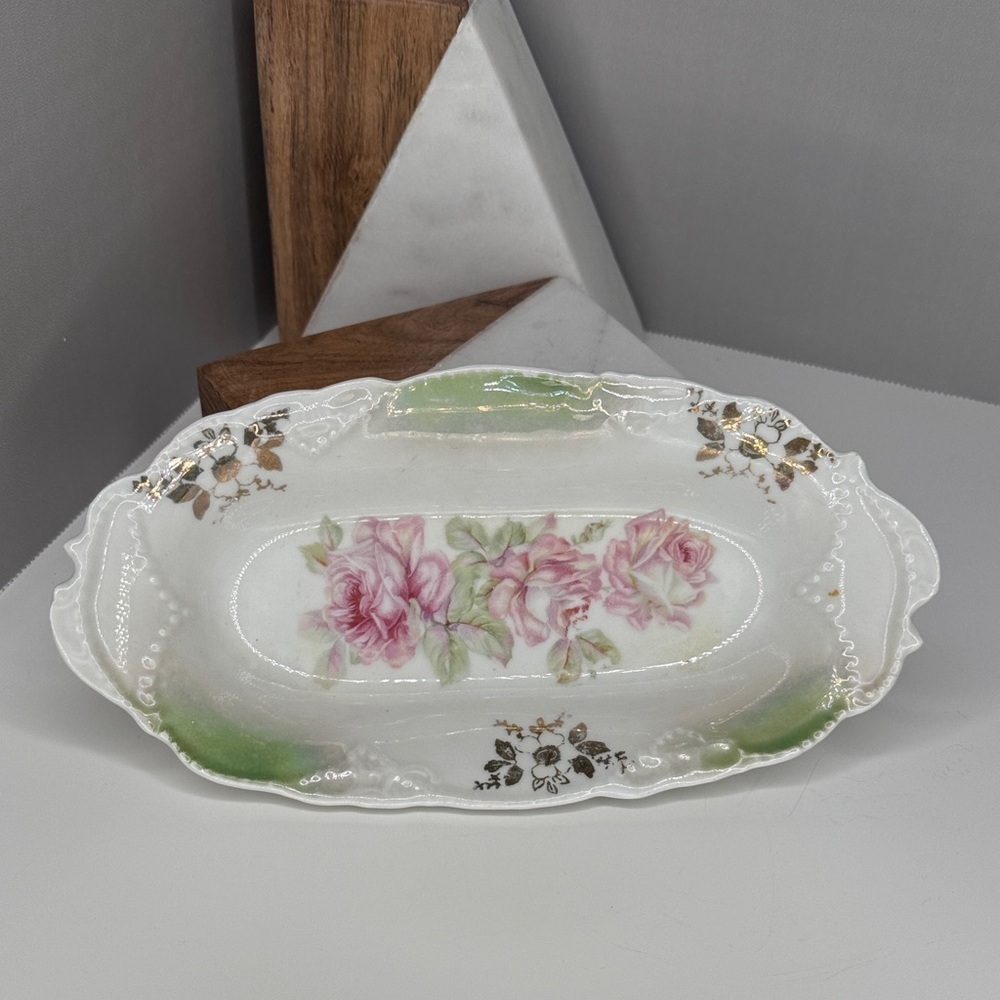 Early 1900s German Pink Shabby Roses Oval Dish